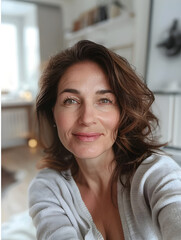 A woman in her forties with shoulder-length dark hair takes a selfie