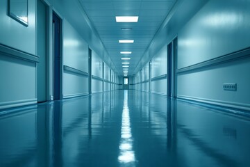 Fototapeta premium A deserted hospital corridor with a reflective blue floor, bright ceiling lights, and several doors along the sides, evoking a sense of cleanliness and institutional efficiency.