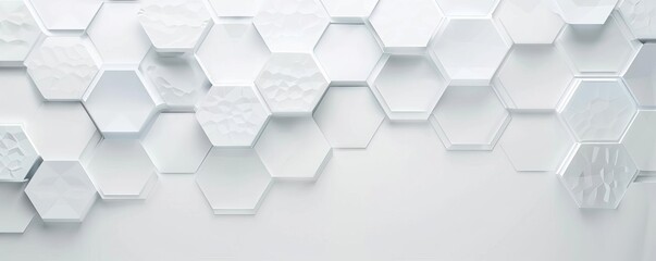 Abstract white hexagonal pattern background featuring overlapping 3D hexagons creating a modern and futuristic design.