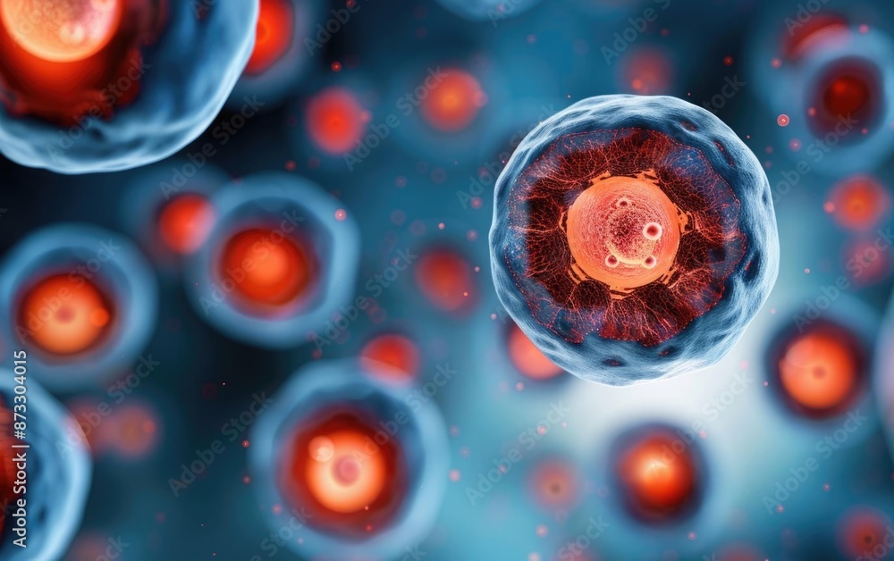 Poster close-up of red blood cells under a microscope. detailed biological science image showing cellular s
