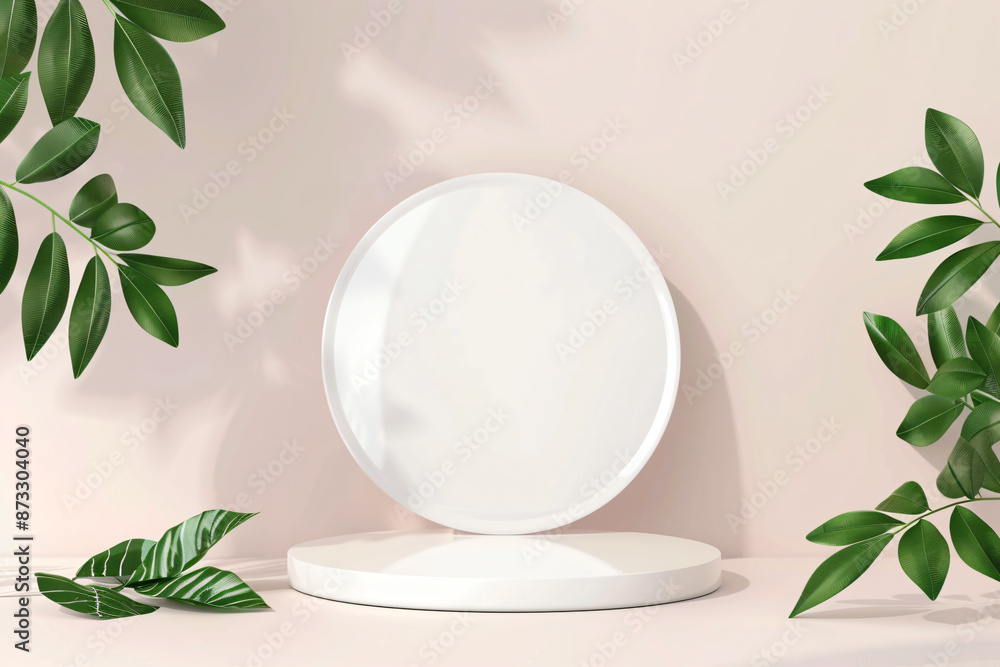 Poster white empty podium with green leaves on a light background for a product presentation in a minimal s