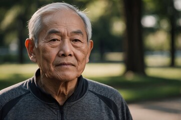 Asian elderly man wearing gym clothes, park in the background, concept of physical exercise, healthy life.