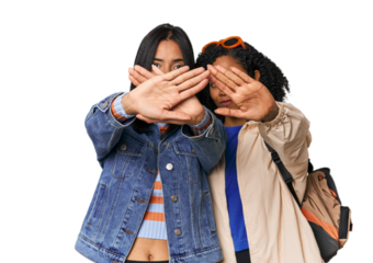 Latin friends ready for vacation doing a denial gesture