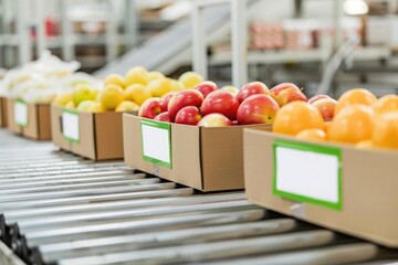 Boxes of fresh apples, oranges and lemons move along a conveyor belt in a fruit processing plant.