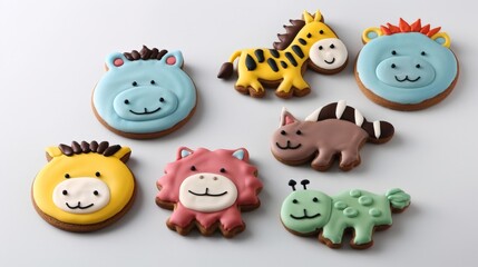 Delightful Assortment of Animal-Themed Decorated Cookies on White Background