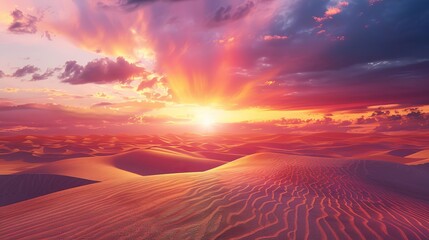 Stunning sunset over vast desert sands with dramatic skies and vibrant colors, capturing the beauty of nature's evening magic.