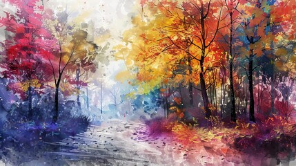 Vibrant watercolor painting of an autumn forest with colorful foliage and a serene pathway, capturing the essence of fall beauty.