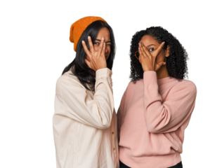 Young Latin friends together in studio blink at the camera through fingers, embarrassed covering face.