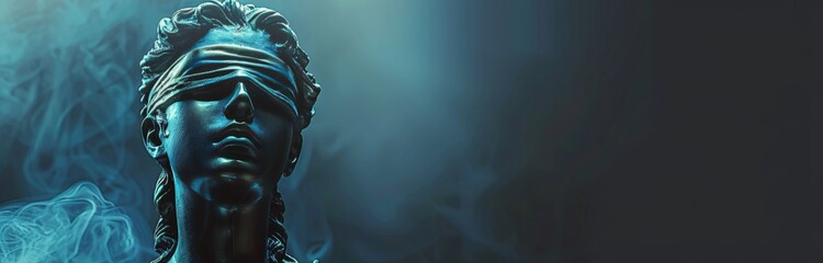 Blindfolded Lady Justice Statue Close Up Against Blue Background