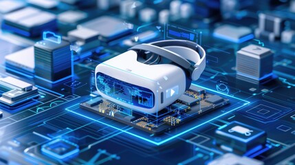 A white VR headset is positioned on a glowing blue circuit board, surrounded by digital components and data streams