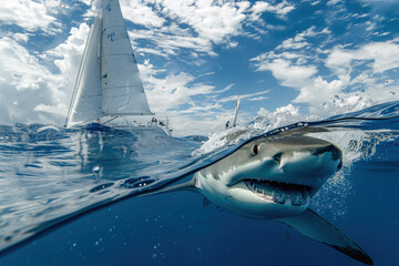 Obraz premium Shark swims near a sailboat, showcasing the power of the ocean's predator. Natural habitat, dangerous and power of marine life under the deep blue sea marine life conept