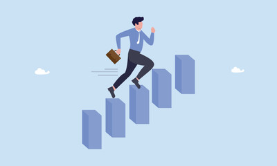 Success businessman step up growing bar graph stairs, career advancement, development or business growth, progress to more responsibility, salary or job promotion, improvement opportunity concept.