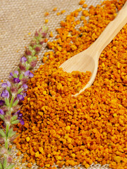 Bee pollen with spoon and flower as alternative medicine nutrient