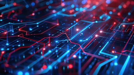 Close-up of futuristic circuit board with glowing red and blue neon lights representing advanced technology and digital connectivity.