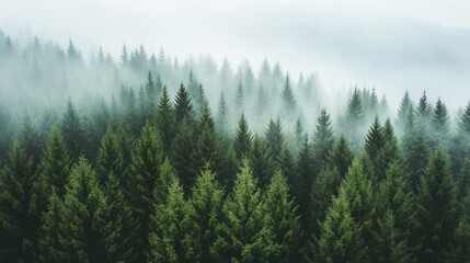 View Of A Green Alpine Trees Forest: Mountains At The Back Covered With Fog And Mist Creating A Serene And Mystical Landscape