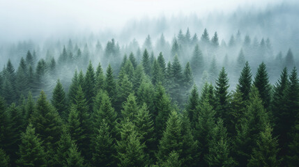 View Of A Green Alpine Trees Forest: Mountains At The Back Covered With Fog And Mist Creating A Serene And Mystical Landscape