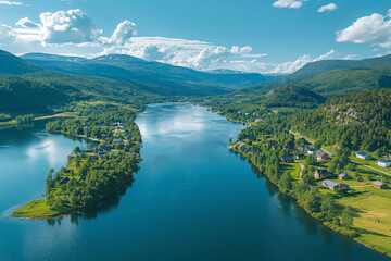 Obraz premium Norwegian Fjord Surrounded By Green Mountains And Fields: Aerial View Of Blue Water Flowing Amidst Stunning Natural Landscape