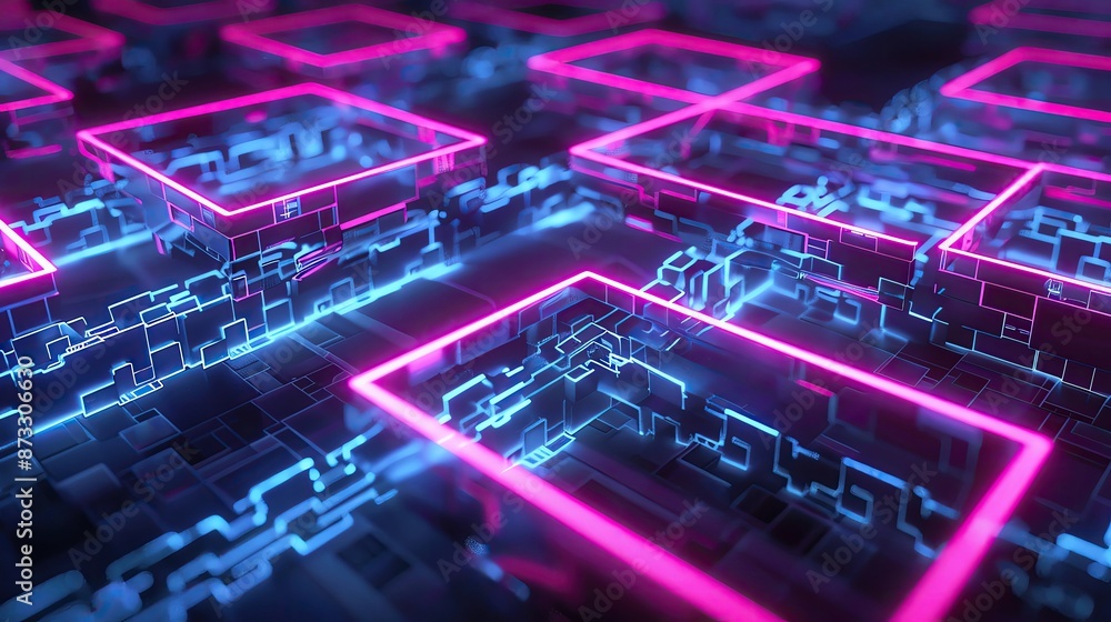 Poster futuristic glowing pink and blue neon rectangles on a digital grid background, representing advanced