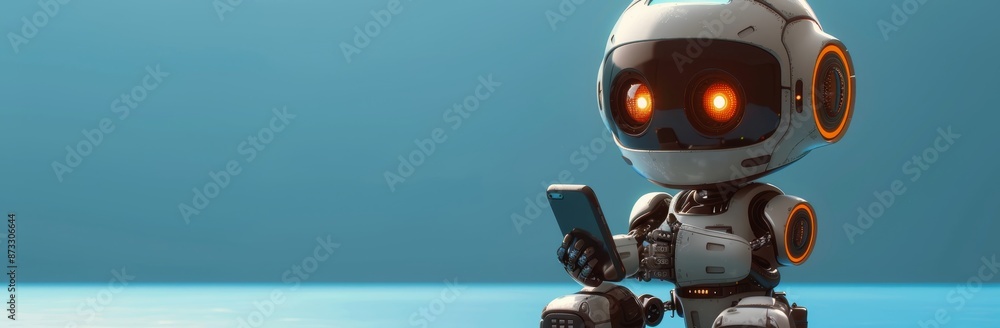 Aufkleber white robot using smartphone with glowing eyes in a blue setting