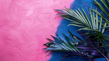 Palm tree leaves isolated on a fuchsia pink and navy blue background, simple, minimalistic, and vibrant