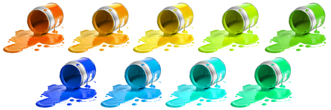 Set collection of paint tin can with spilled smear splash colours of yellow, orange, mustard, turquoise, blue, green, lime on transparent cutout PNG file. Mockup template for artwork design