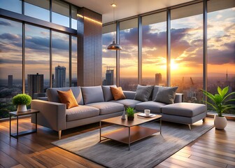 Contemporary living room with sleek gray sofa, minimalist coffee table, and large windows overlooking a vibrant cityscape at sunset with subtle warm lighting.