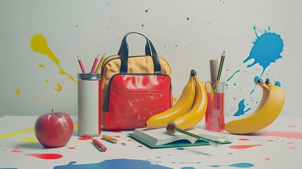  A well-lit scene showcasing a collection of school supplies, including a decent bag, a book, a pen, a pencil, an apple, and  bananas, all set against a backdrop of vibrant splashes. 
