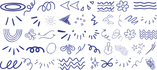 Doodle scribble line elements vector includes arrows, stars, hearts, flowers, spirals, lines, sun, rainbow. Perfect for decoration, design, scrapbooking, illustration, creativity