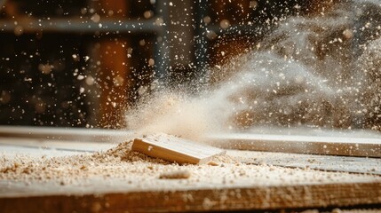 Sawdust and wood chips fly through the air as a piece of wood is cut