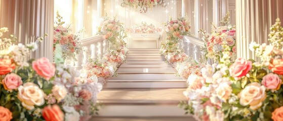 banquet party decoration wedding flowers background staircase illustration design with luxury decor and floral elements