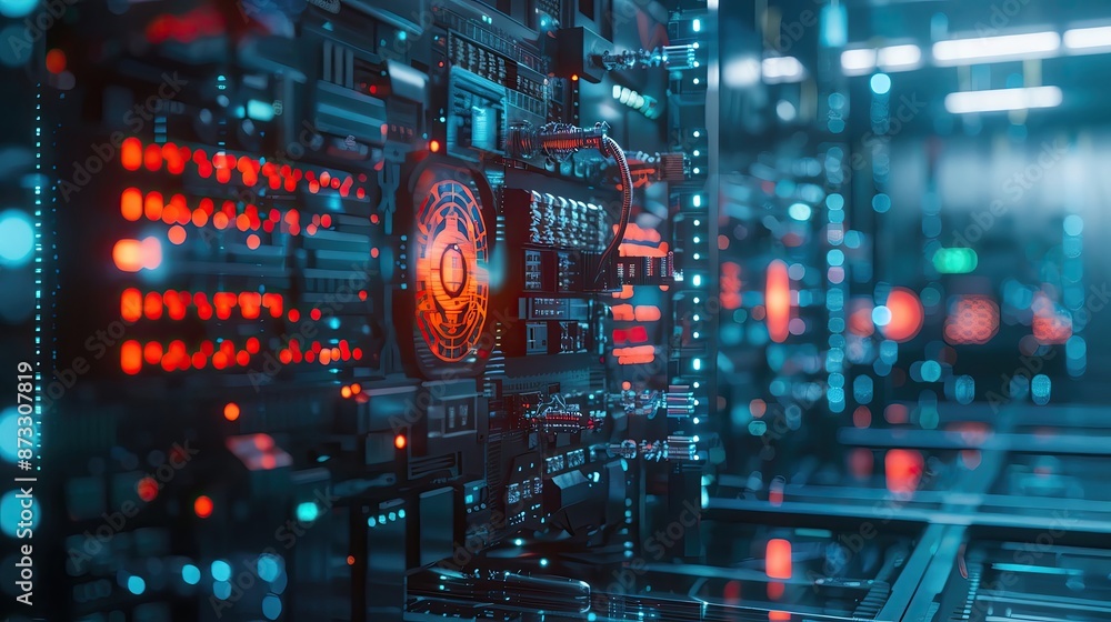 Poster futuristic data center with glowing servers and advanced technology, showcasing high-speed internet 