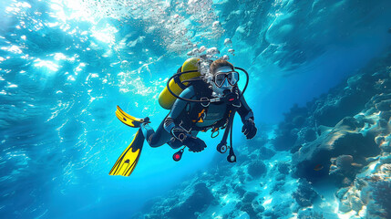 Underwater view scuba diver sunlight breaking through water, diver surrounded deep blue ocean