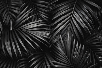 Obraz premium Black and white palm leaves in dark jungle, tropical leaf texture background. Dark monochrome nature concept for design. ,8k, real photo, photography