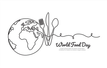 Fototapeta premium Continuous one single line drawing of Globe, knife and fork. World Food day isolated on white background. Vector Illustration. 