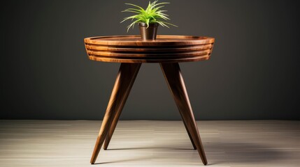 Small round designer table with potted plant on top in trendy minimalist style against dark background.