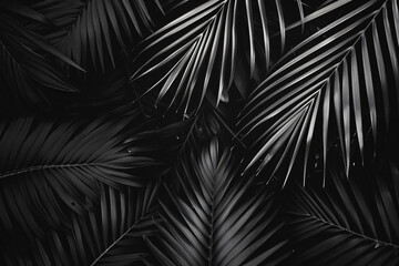 Obraz premium Black and white palm leaves in dark jungle, tropical leaf texture background. Dark monochrome nature concept for design. ,8k, real photo, photography