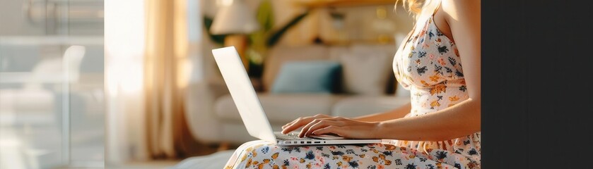 Fototapeta premium Sunlit office, chic woman in elegant dress typing on laptop, cozy living room backdrop, mid-century modern decor, soft morning light, slight high angle