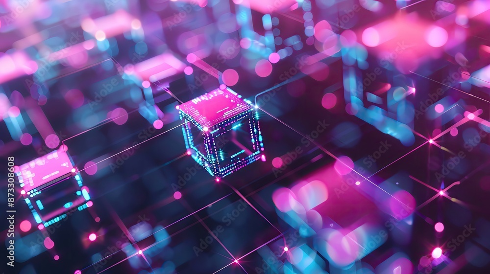 Poster futuristic digital blockchain concept with glowing cubes in a grid, symbolizing data storage, cyber 