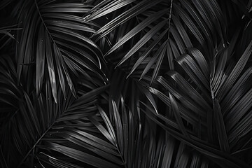 Fototapeta premium Black and white palm leaves in dark jungle, tropical leaf texture background. Dark monochrome nature concept for design. ,8k, real photo, photography