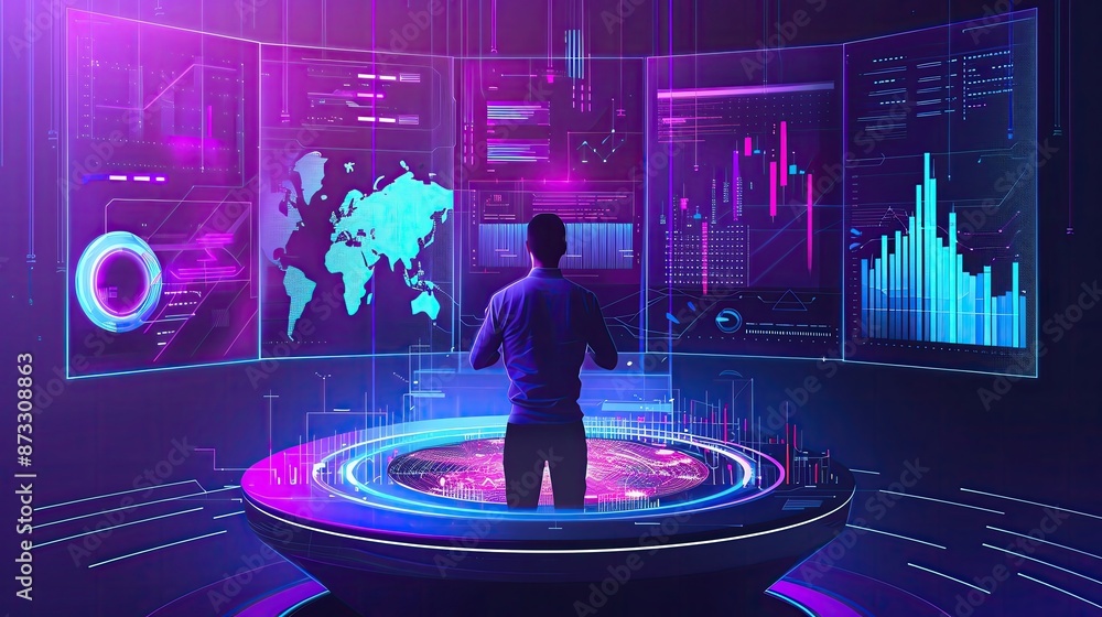 Poster a man standing in front of futuristic digital screens with data visualizations, graphs, and world ma