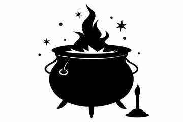 Witch cauldron silhouette vector, Witches black cauldron with boiling magic potion isolated on white background