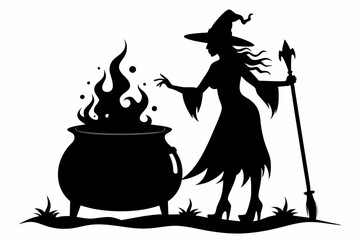 Witch cauldron silhouette vector, Witches black cauldron with boiling magic potion isolated on white background