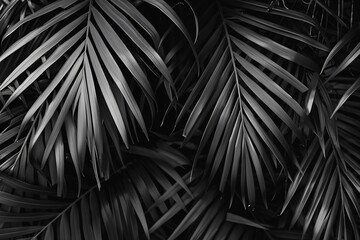 Black and white palm leaves in dark jungle, tropical leaf texture background. Dark monochrome nature concept for design. ,8k, real photo, photography


