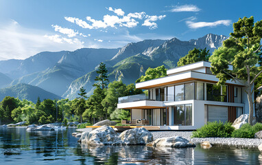 rendering of modern house by the river.