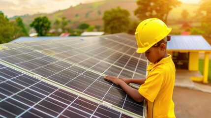 Solar panels on rural school building, renewable energy, sustainable education