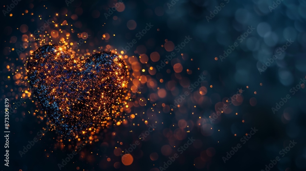 Poster glittery heart shape with glowing particles on dark background
