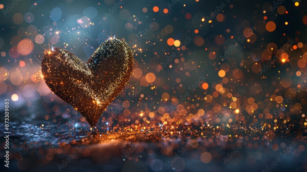 Poster glittery heart shape with glowing particles on dark background