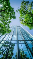 Low Angle View of Modern City with Sustainable Green Buildings and Glass Office Towers, Trees Reducing Heat and CO2, World Environment Day Theme, AI-Generated High-Resolution Wallpaper
