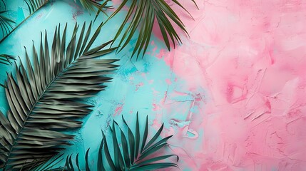 Palm tree leaves on a soft pink and teal blue background, minimalistic and high-quality