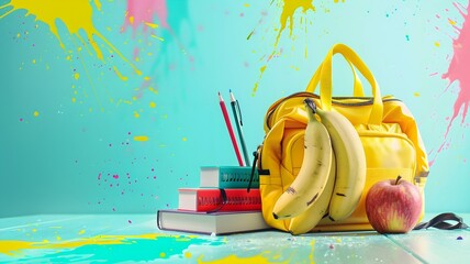  A well-lit scene showcasing a collection of school supplies, including a decent bag, a book, a pen, a pencil, an apple, and  bananas, all set against a backdrop of vibrant splashes. 
